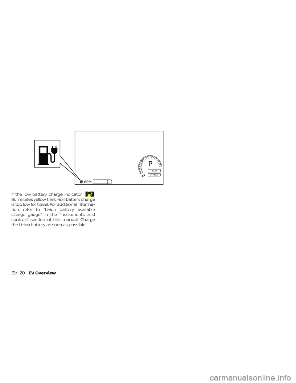 NISSAN LEAF 2019  Owner´s Manual If the low battery charge indicator
illuminates yellow, the Li-ion battery charge
is too low for travel. For additional informa-
tion, refer to "Li-ion battery available
charge gauge" in the 