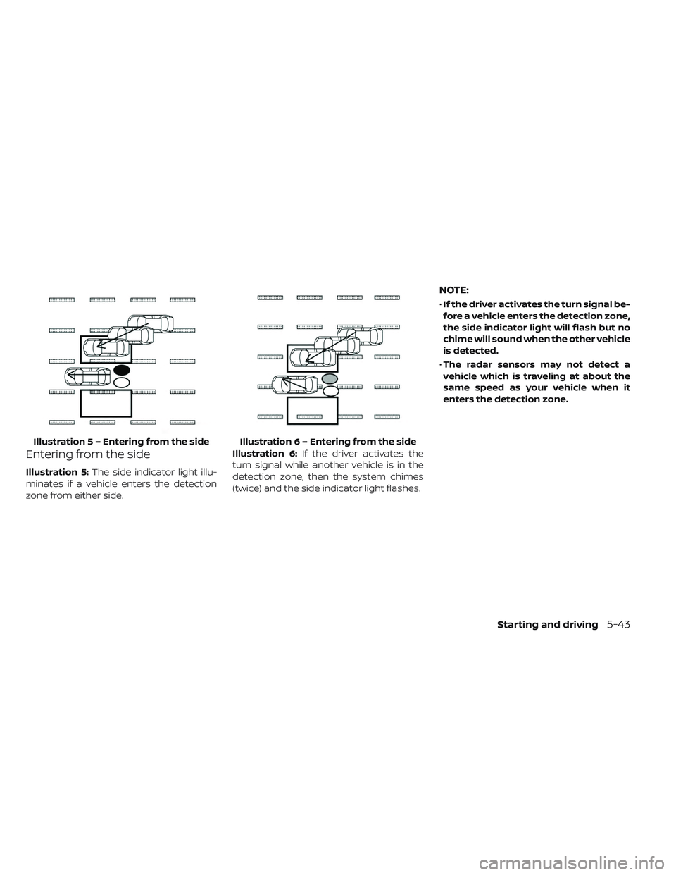 NISSAN LEAF 2019  Owner´s Manual Entering from the side
Illustration 5:The side indicator light illu-
minates if a vehicle enters the detection
zone from either side. Illustration 6:
If the driver activates the
turn signal while anot