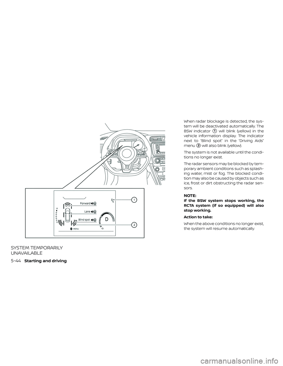 NISSAN LEAF 2019  Owner´s Manual SYSTEM TEMPORARILY
UNAVAILABLE
When radar blockage is detected, the sys-
tem will be deactivated automatically. The
BSW indicator
1will blink (yellow) in the
vehicle information display. The indicato