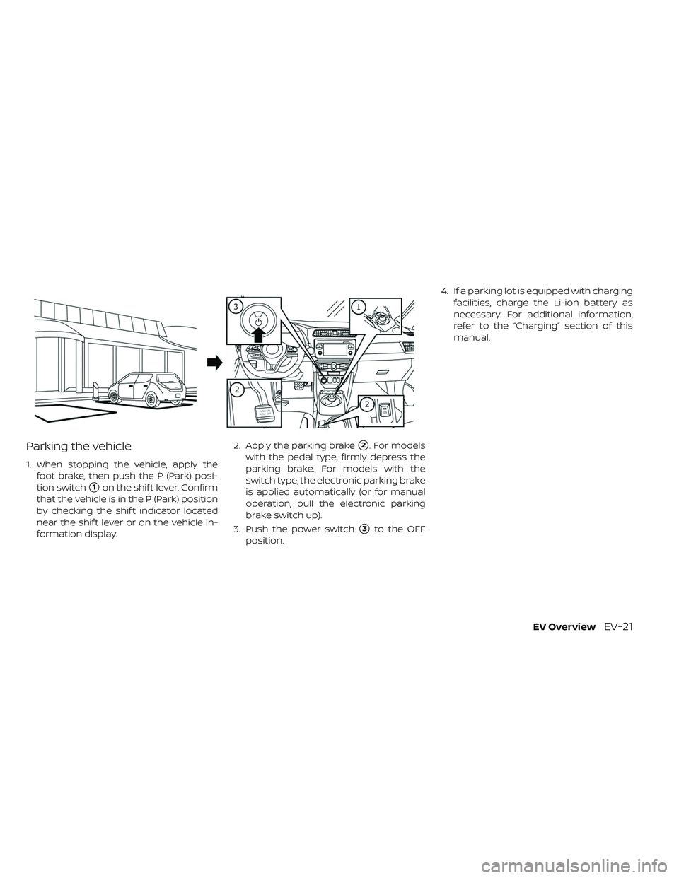 NISSAN LEAF 2019  Owner´s Manual Parking the vehicle
1. When stopping the vehicle, apply thefoot brake, then push the P (Park) posi-
tion switch
1on the shif t lever. Confirm
that the vehicle is in the P (Park) position
by checking 
