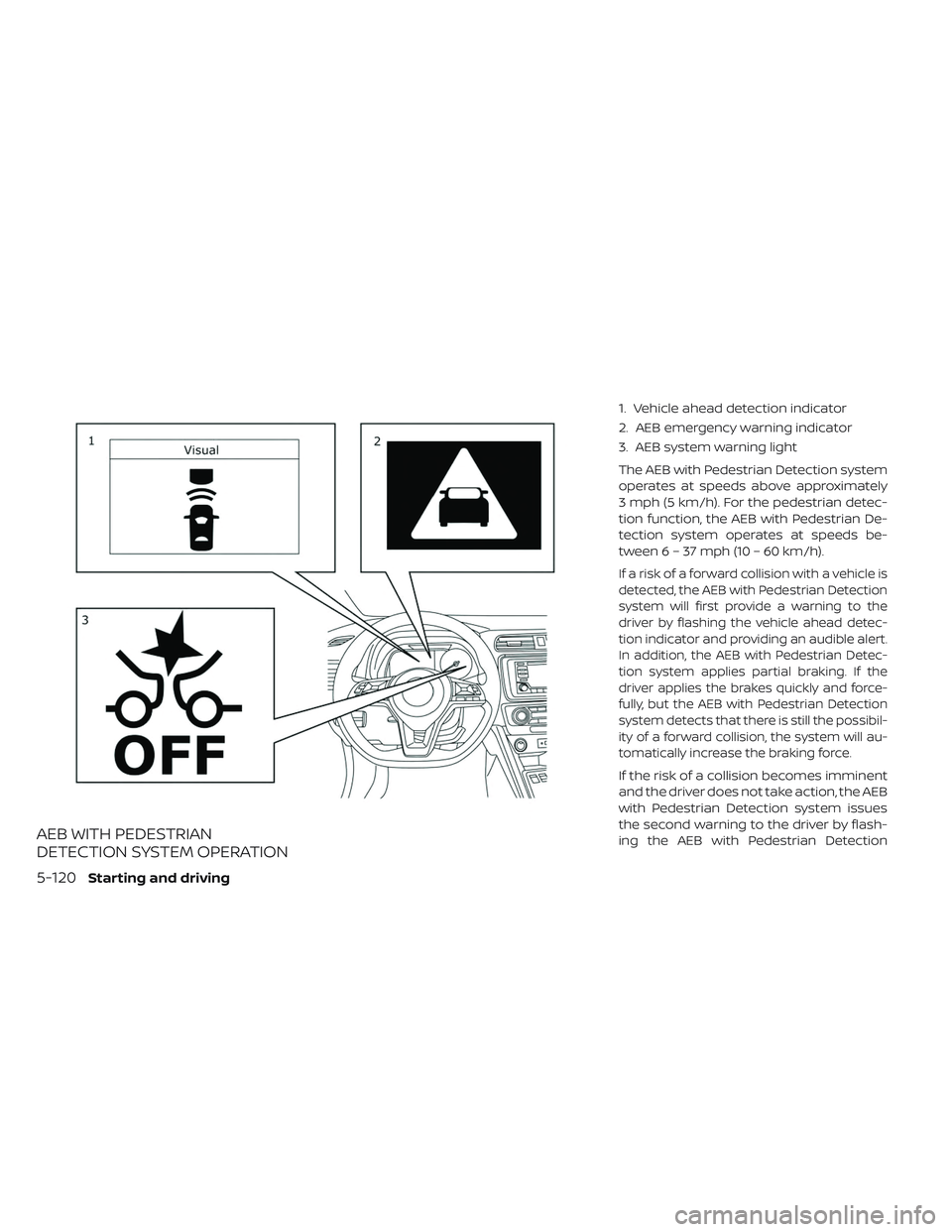 NISSAN LEAF 2019  Owner´s Manual AEB WITH PEDESTRIAN
DETECTION SYSTEM OPERATION
1. Vehicle ahead detection indicator
2. AEB emergency warning indicator
3. AEB system warning light
The AEB with Pedestrian Detection system
operates at 