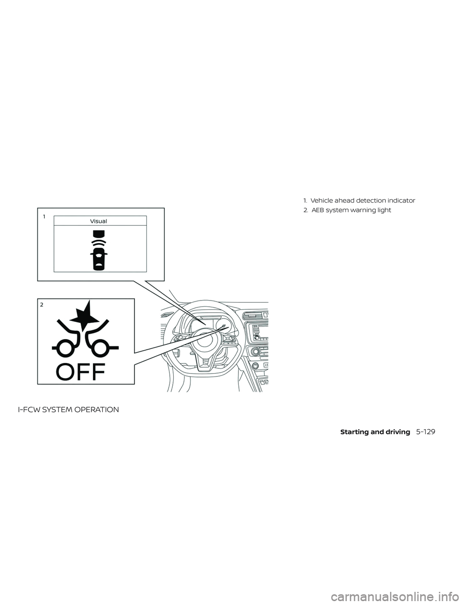 NISSAN LEAF 2019 Owner´s Manual I-FCW SYSTEM OPERATION
1. Vehicle ahead detection indicator
2. AEB system warning light
Starting and driving5-129 NISSAN LEAF 2019 Owner´s Manual I-FCW SYSTEM OPERATION
1. Vehicle ahead detection indicator
2. AEB system warning light
Starting and driving5-129