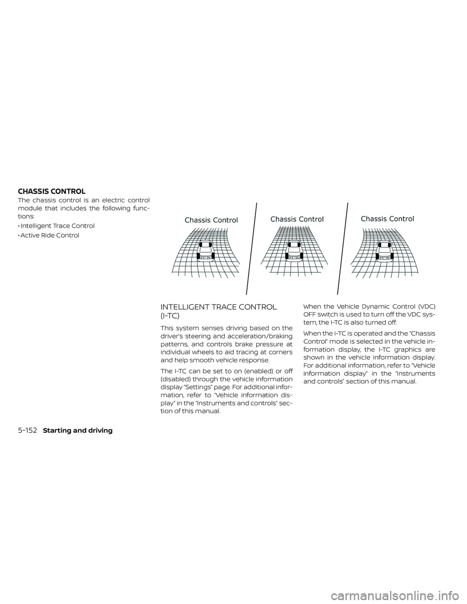 NISSAN LEAF 2019 Owner´s Manual The chassis control is an electric control
module that includes the following func-
tions:
• Intelligent Trace Control
• Active Ride Control
INTELLIGENT TRACE CONTROL
(I-TC)
This system senses dri NISSAN LEAF 2019 Owner´s Manual The chassis control is an electric control
module that includes the following func-
tions:
• Intelligent Trace Control
• Active Ride Control
INTELLIGENT TRACE CONTROL
(I-TC)
This system senses dri