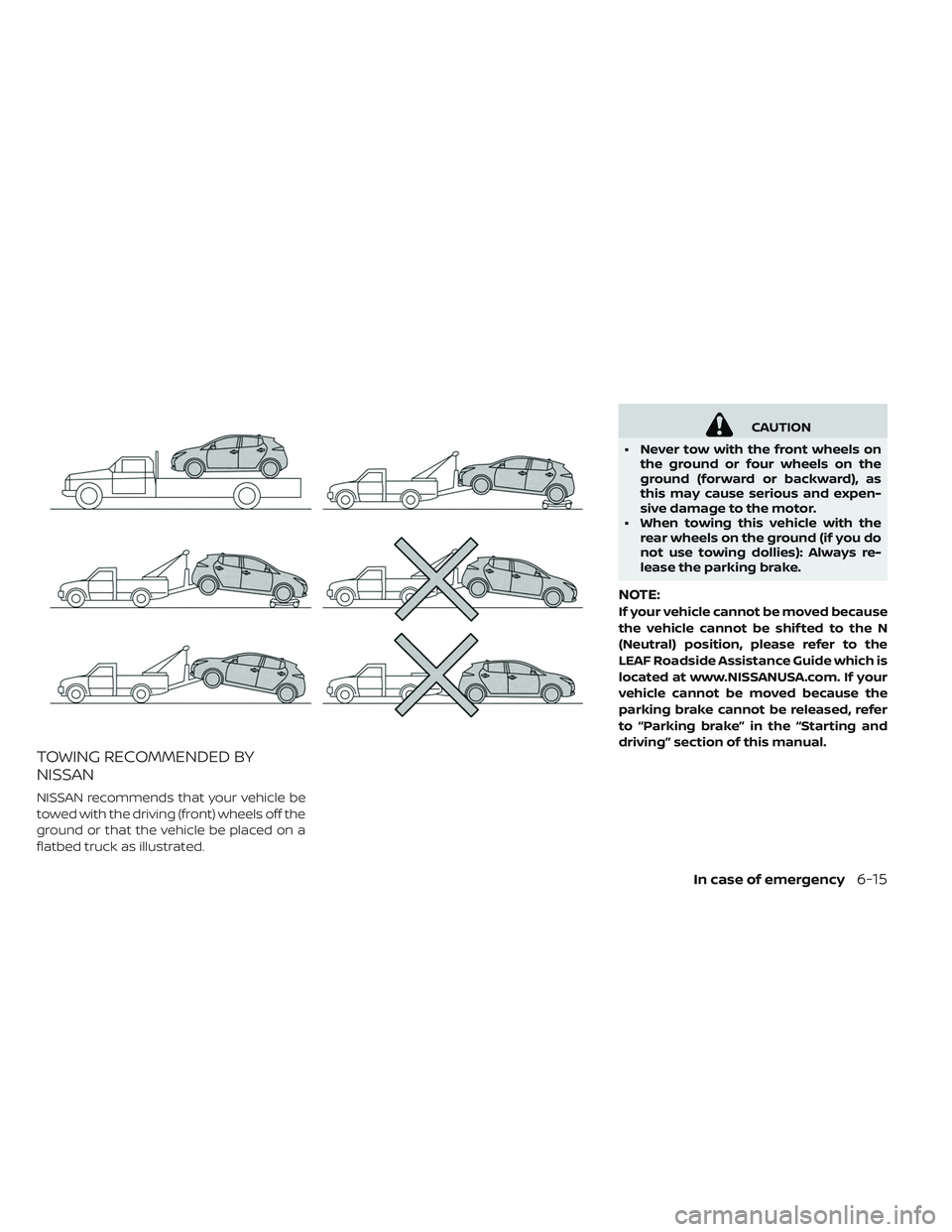 NISSAN LEAF 2019  Owner´s Manual TOWING RECOMMENDED BY
NISSAN
NISSAN recommends that your vehicle be
towed with the driving (front) wheels off the
ground or that the vehicle be placed on a
flatbed truck as illustrated.
CAUTION
• Ne