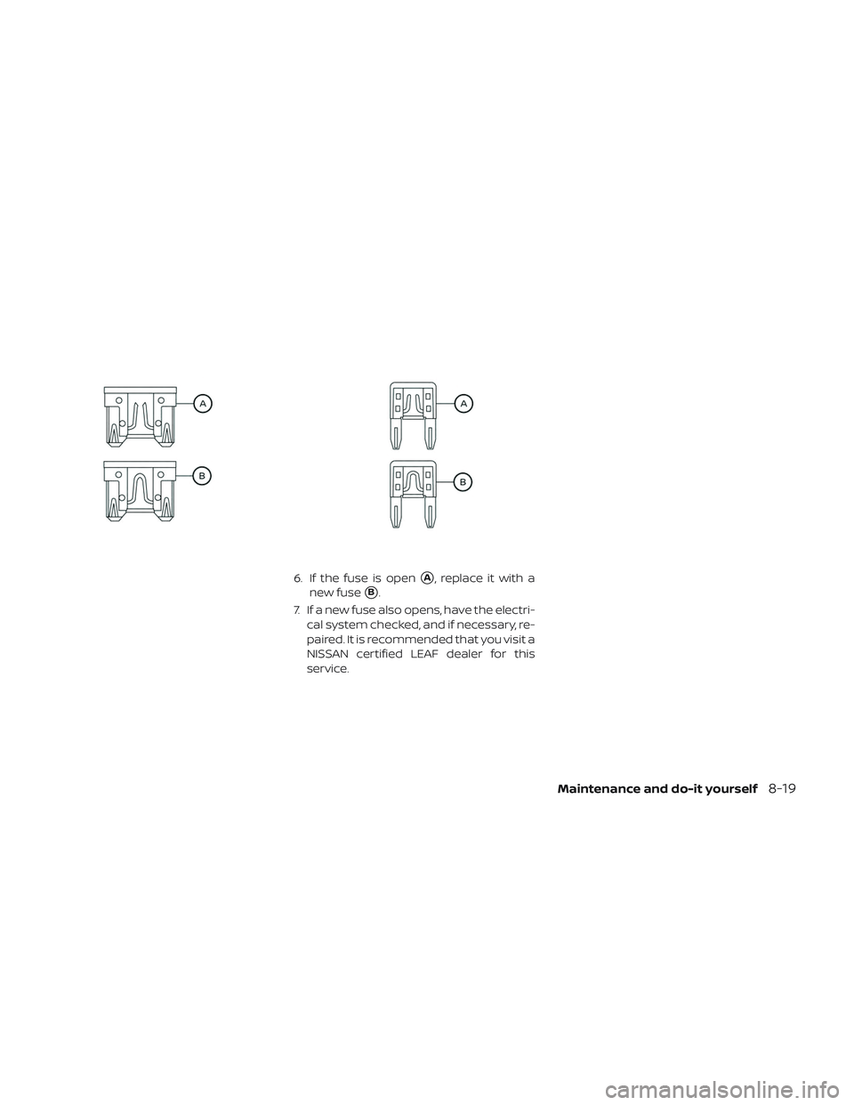 NISSAN LEAF 2019  Owner´s Manual 6. If the fuse is openA, replace it with a
new fuse
B.
7. If a new fuse also opens, have the electri- cal system checked, and if necessary, re-
paired. It is recommended that you visit a
NISSAN cert