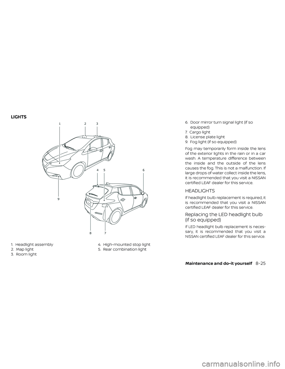 NISSAN LEAF 2019  Owner´s Manual 1. Headlight assembly
2. Map light
3. Room light4. High-mounted stop light
5. Rear combination light6. Door mirror turn signal light (if so
equipped)
7. Cargo light
8. License plate light
9. Fog light