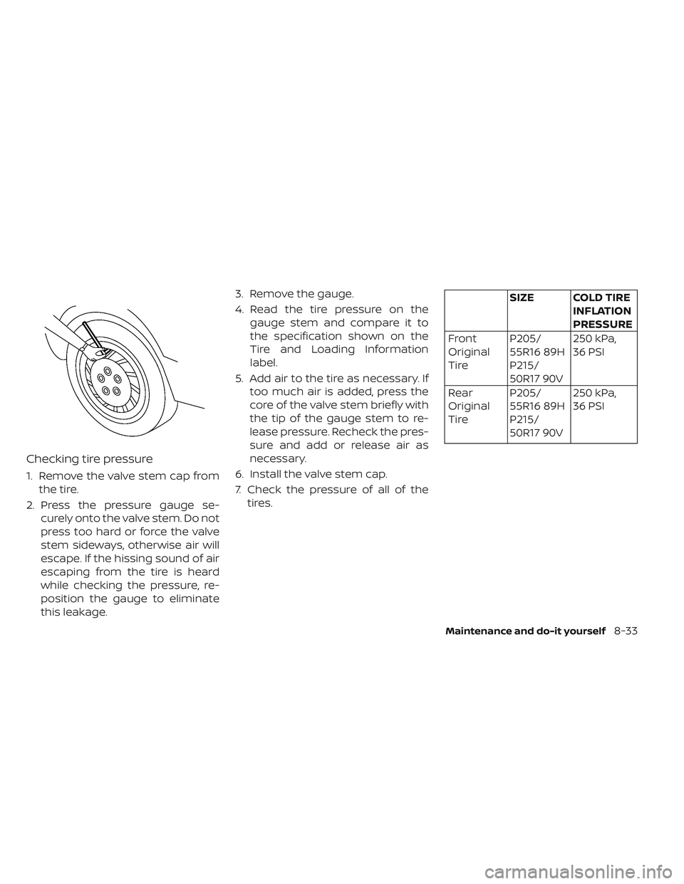 NISSAN LEAF 2019  Owner´s Manual Checking tire pressure
1. Remove the valve stem cap fromthe tire.
2. Press the pressure gauge se- curely onto the valve stem. Do not
press too hard or force the valve
stem sideways, otherwise air will