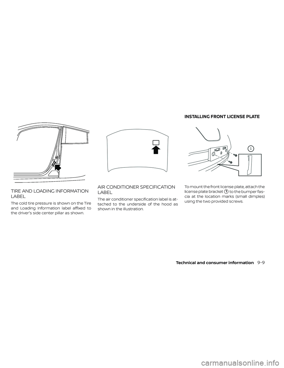 NISSAN LEAF 2019 Owner´s Manual TIRE AND LOADING INFORMATION
LABEL
The cold tire pressure is shown on the Tire
and Loading Information label affixed to
the driver's side center pillar as shown.
AIR CONDITIONER SPECIFICATION
LABE NISSAN LEAF 2019 Owner´s Manual TIRE AND LOADING INFORMATION
LABEL
The cold tire pressure is shown on the Tire
and Loading Information label affixed to
the driver's side center pillar as shown.
AIR CONDITIONER SPECIFICATION
LABE