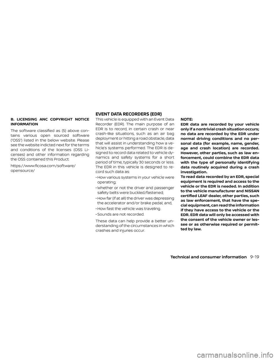 NISSAN LEAF 2019  Owner´s Manual B. LICENSING ANC COPYRIGHT NOTICE
INFORMATION
The sof tware classified as (5) above con-
tains various open sourced sof tware
(“OSS”) listed in the below website. Please
see the website indicted n