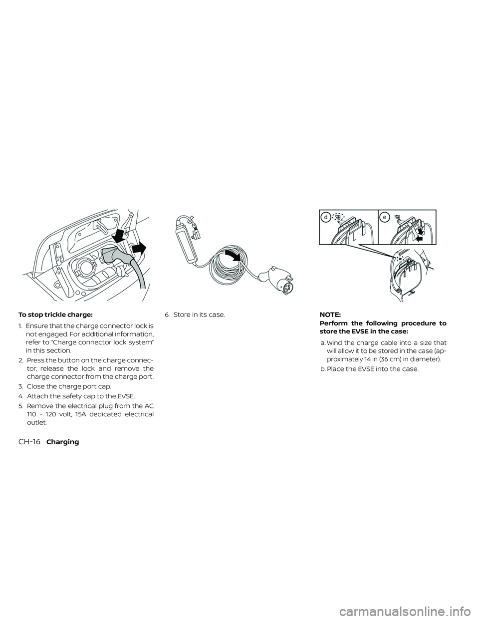 NISSAN LEAF 2019  Owner´s Manual To stop trickle charge:
1. Ensure that the charge connector lock isnot engaged. For additional information,
refer to “Charge connector lock system”
in this section.
2. Press the button on the char