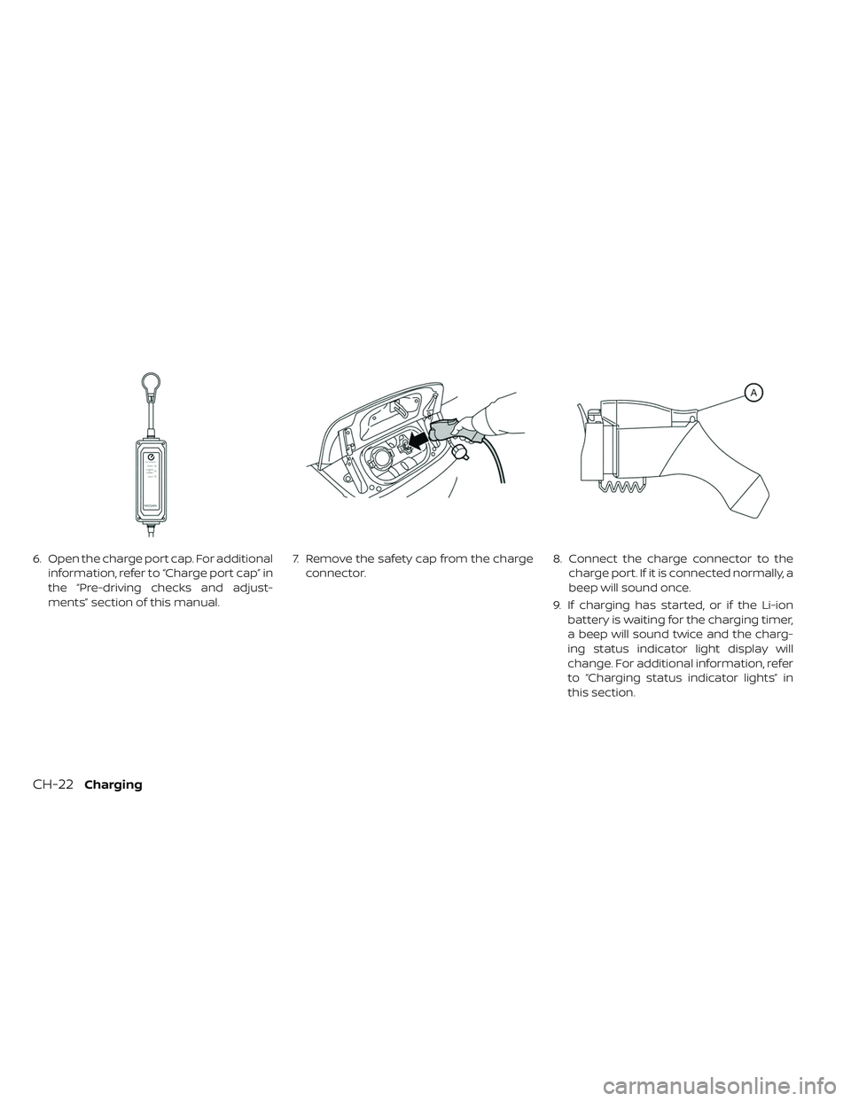 NISSAN LEAF 2019  Owner´s Manual 6. Open the charge port cap. For additionalinformation, refer to “Charge port cap” in
the “Pre-driving checks and adjust-
ments” section of this manual. 7. Remove the safety cap from the charg