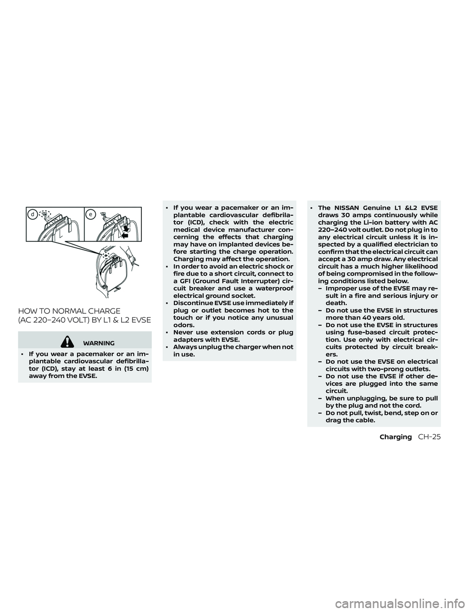 NISSAN LEAF 2019  Owner´s Manual HOW TO NORMAL CHARGE
(AC 220–240 VOLT) BY L1 & L2 EVSE
WARNING
• If you wear a pacemaker or an im- plantable cardiovascular defibrilla-
tor (ICD), stay at least 6 in (15 cm)
away from the EVSE. 