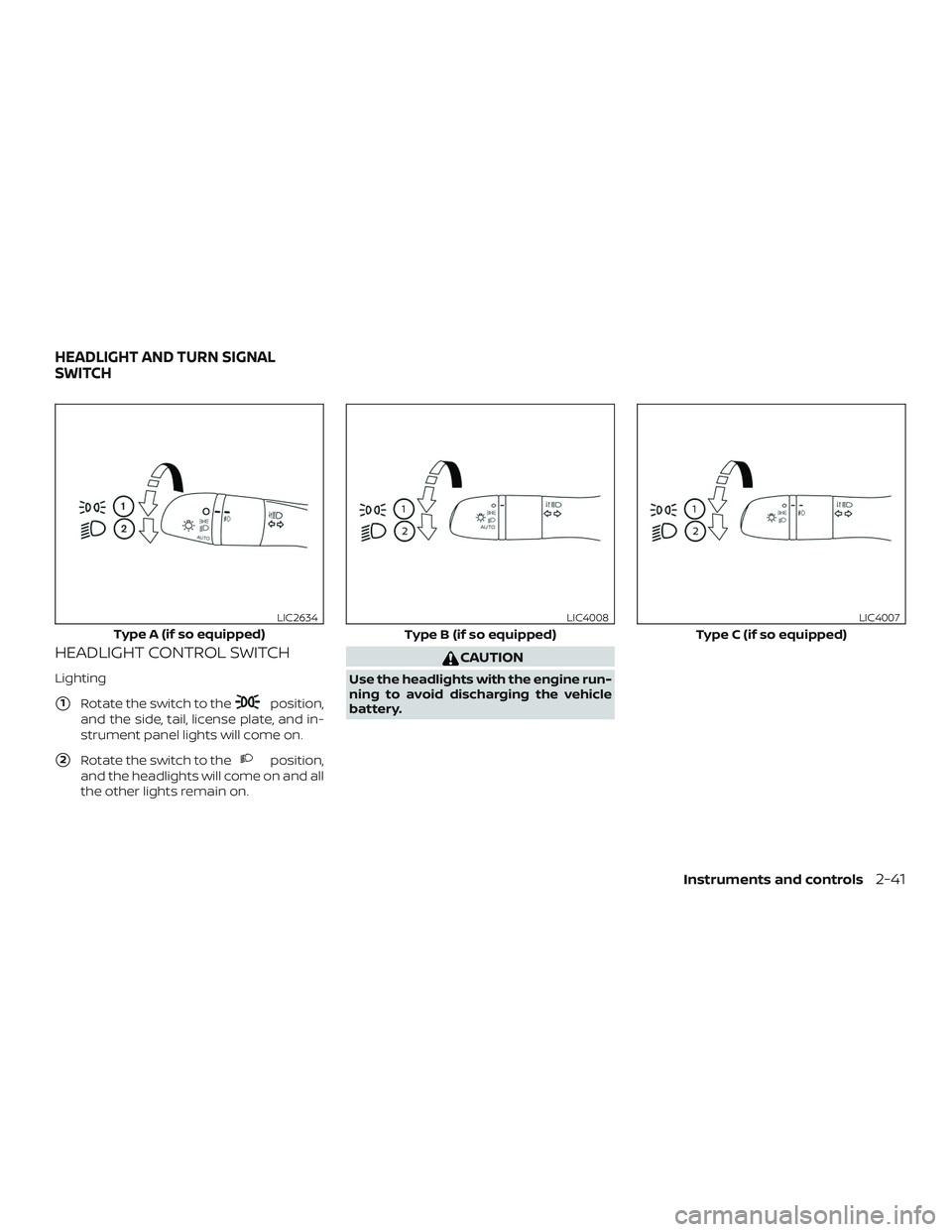 NISSAN LEAF 2018  Owner´s Manual HEADLIGHT CONTROL SWITCH
Lighting
1Rotate the switch to theposition,
and the side, tail, license plate, and in-
strument panel lights will come on.
2Rotate the switch to theposition,
and the headlig