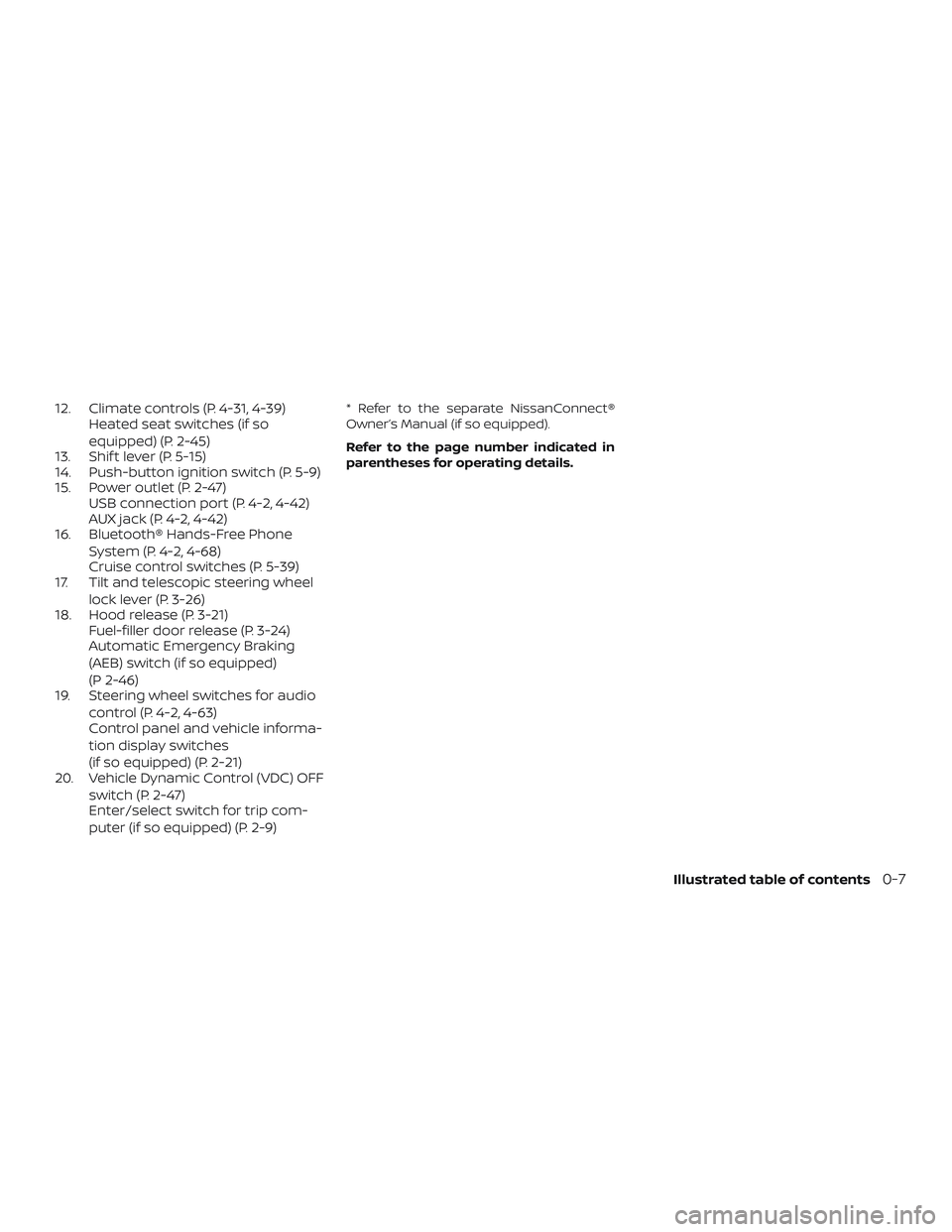 NISSAN LEAF 2018 Owner´s Manual 12. Climate controls (P. 4-31, 4-39)Heated seat switches (if so
equipped) (P. 2-45)
13. Shif t lever (P. 5-15)
14. Push-button ignition switch (P. 5-9)
15. Power outlet (P. 2-47) USB connection port ( NISSAN LEAF 2018 Owner´s Manual 12. Climate controls (P. 4-31, 4-39)Heated seat switches (if so
equipped) (P. 2-45)
13. Shif t lever (P. 5-15)
14. Push-button ignition switch (P. 5-9)
15. Power outlet (P. 2-47) USB connection port (