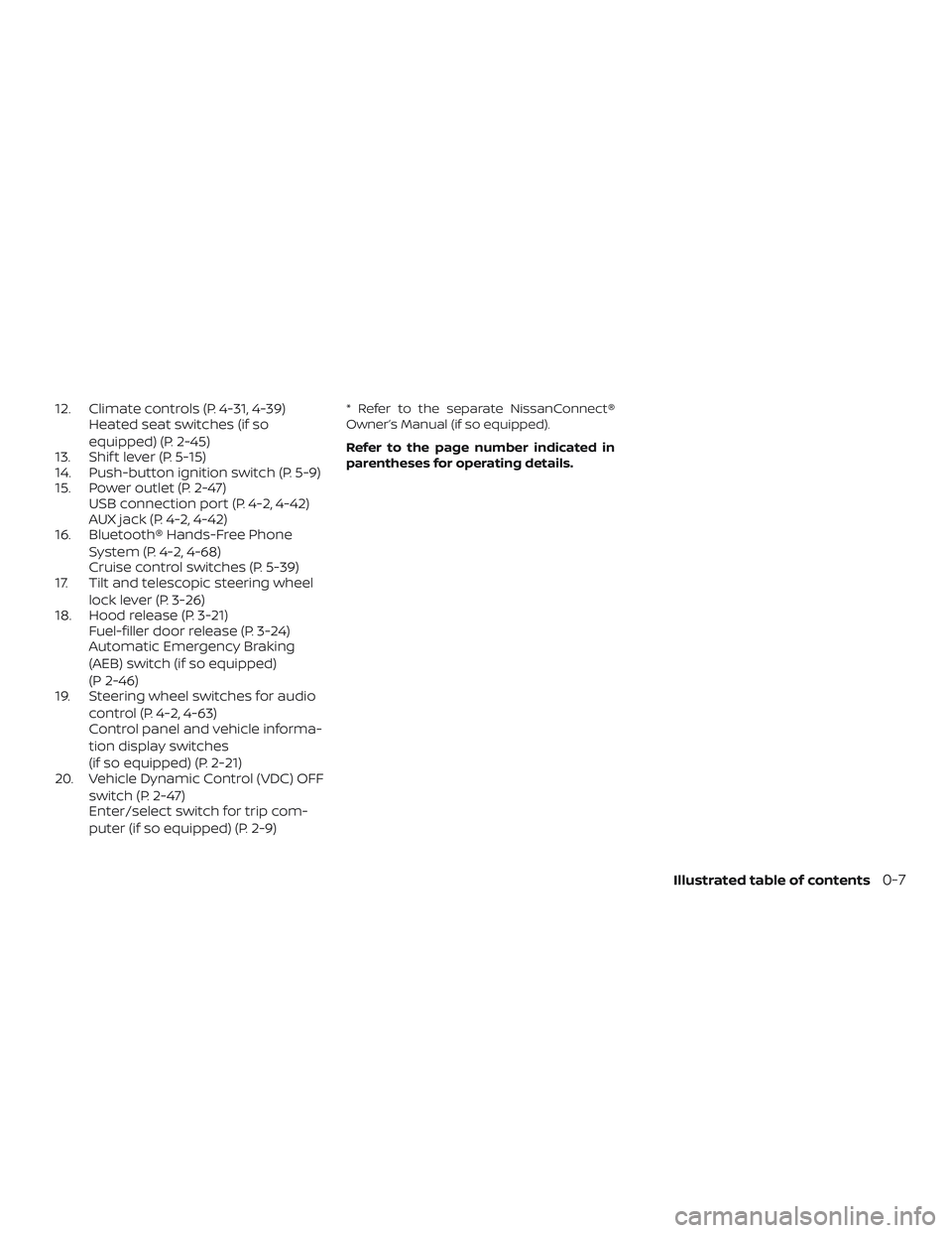 NISSAN LEAF 2018  Owner´s Manual 12. Climate controls (P. 4-31, 4-39)Heated seat switches (if so
equipped) (P. 2-45)
13. Shif t lever (P. 5-15)
14. Push-button ignition switch (P. 5-9)
15. Power outlet (P. 2-47) USB connection port (