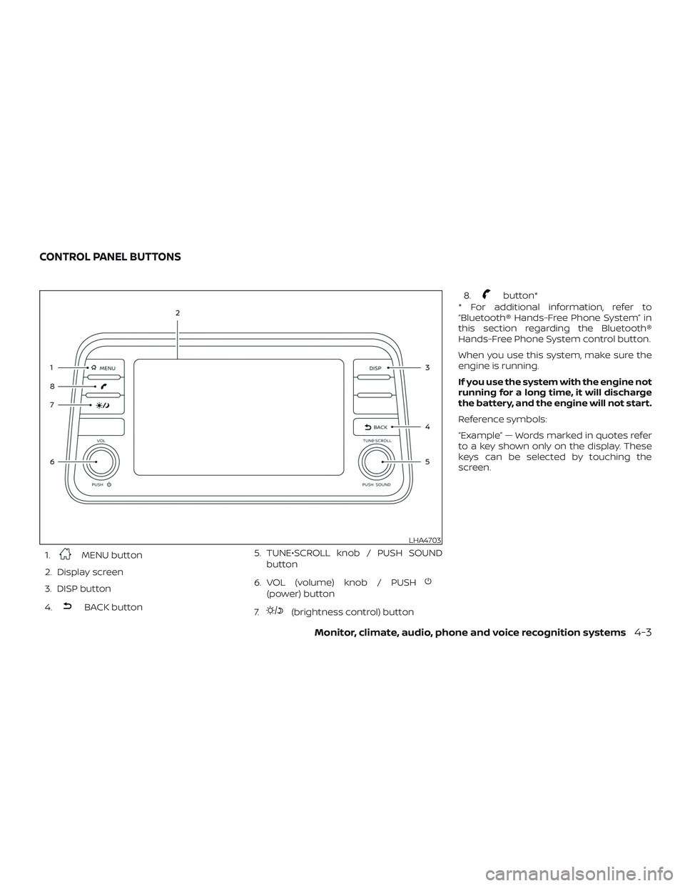 NISSAN LEAF 2018  Owner´s Manual 1.MENU button
2. Display screen
3. DISP button
4.
BACK button 5. TUNE•SCROLL knob / PUSH SOUND
button
6. VOL (volume) knob / PUSH
(power) button
7.
(brightness control) button 8.
button*
* For addit