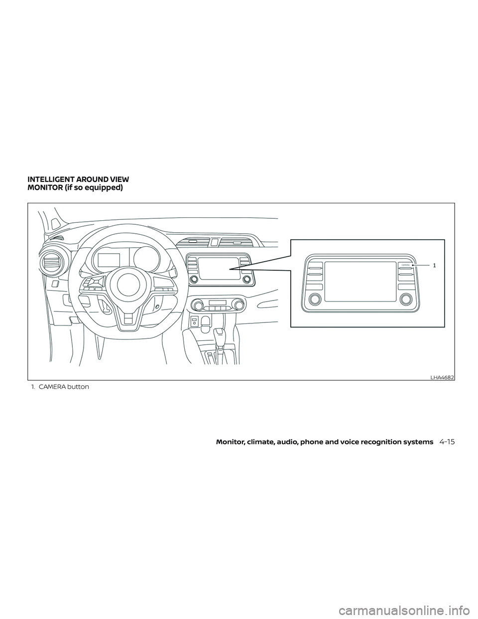 NISSAN LEAF 2018  Owner´s Manual 1. CAMERA button
LHA4682
INTELLIGENT AROUND VIEW
MONITOR (if so equipped)
Monitor, climate, audio, phone and voice recognition systems4-15 