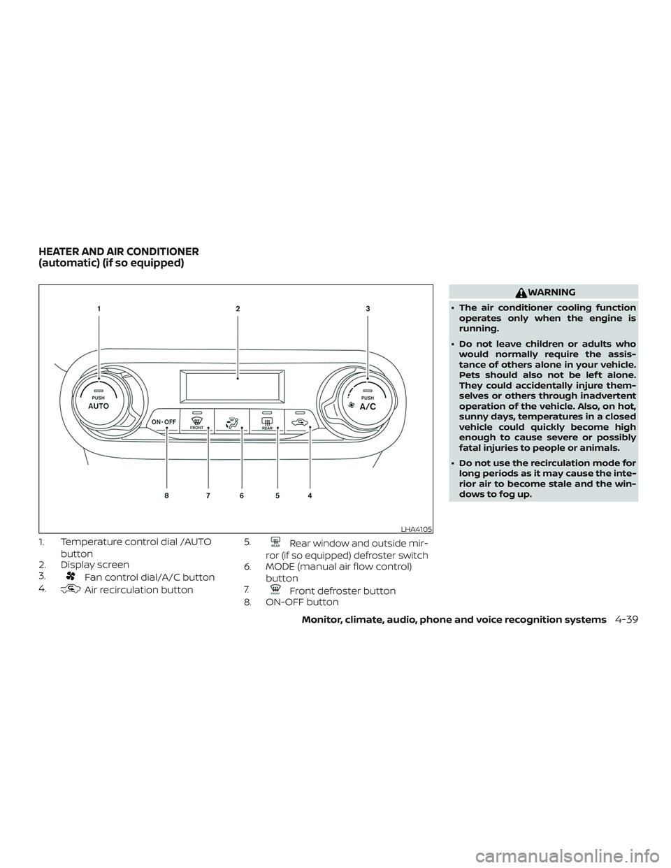 NISSAN LEAF 2018 Owner´s Manual 1. Temperature control dial /AUTObutton
2. Display screen
3.
Fan control dial/A/C button
4.
Air recirculation button 5.
Rear window and outside mir-
ror (if so equipped) defroster switch
6. MODE (manu NISSAN LEAF 2018 Owner´s Manual 1. Temperature control dial /AUTObutton
2. Display screen
3.
Fan control dial/A/C button
4.
Air recirculation button 5.
Rear window and outside mir-
ror (if so equipped) defroster switch
6. MODE (manu