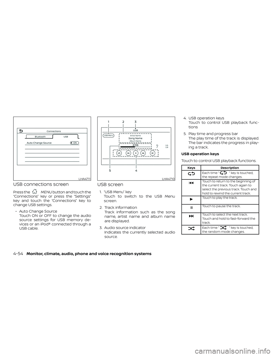 NISSAN LEAF 2018  Owner´s Manual USB connections screen
Press theMENU button and touch the
“Connections” key or press the “Settings”
key and touch the “Connections” key to
change USB settings.
∙ Auto Change Source Touch