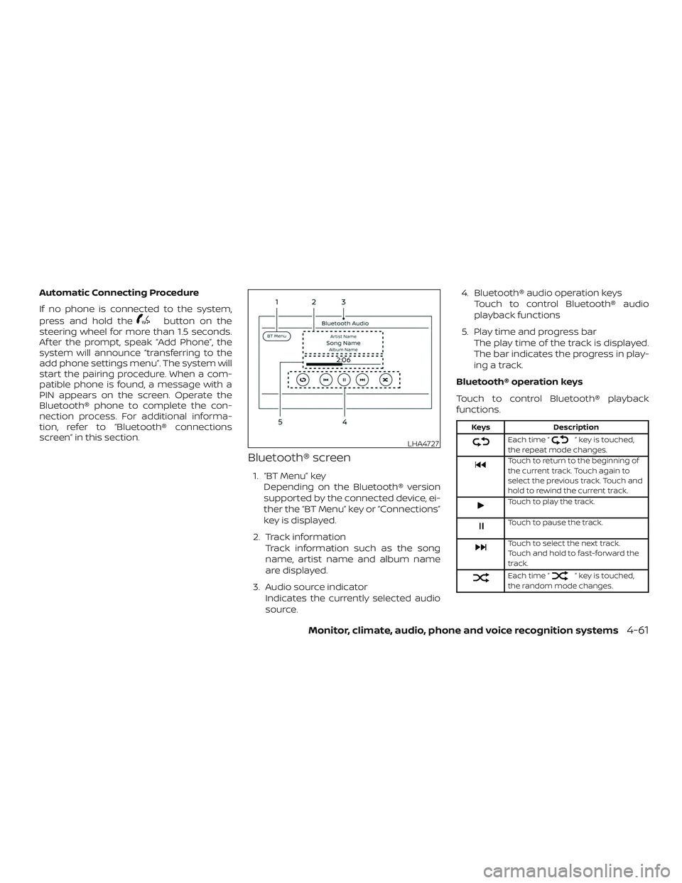 NISSAN LEAF 2018 Owner´s Manual Automatic Connecting Procedure
If no phone is connected to the system,
press and hold the
button on the
steering wheel for more than 1.5 seconds.
Af ter the prompt, speak “Add Phone”, the
system w NISSAN LEAF 2018 Owner´s Manual Automatic Connecting Procedure
If no phone is connected to the system,
press and hold the
button on the
steering wheel for more than 1.5 seconds.
Af ter the prompt, speak “Add Phone”, the
system w