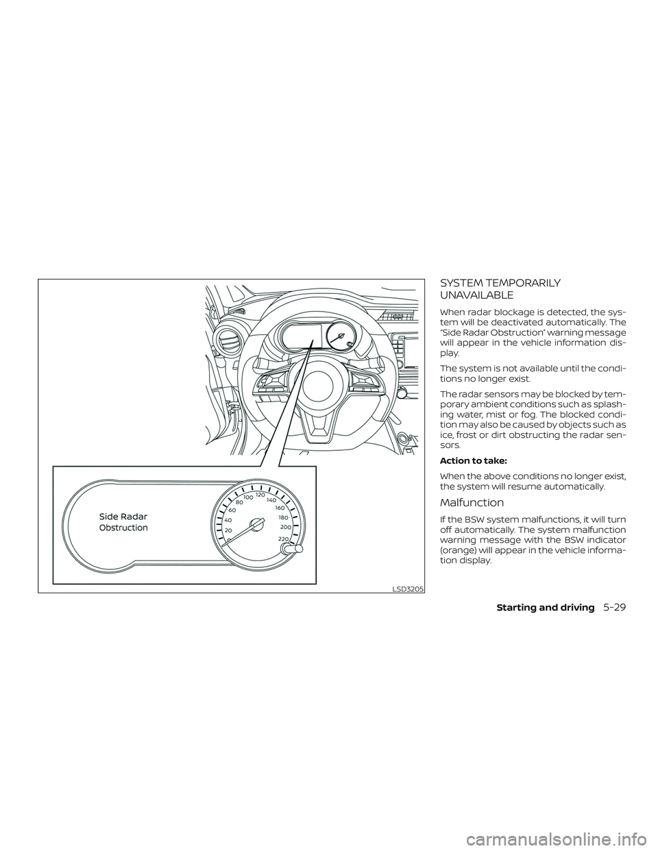 NISSAN LEAF 2018  Owner´s Manual SYSTEM TEMPORARILY
UNAVAILABLE
When radar blockage is detected, the sys-
tem will be deactivated automatically. The
“Side Radar Obstruction” warning message
will appear in the vehicle information 