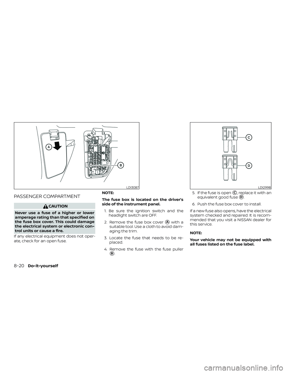 NISSAN LEAF 2018  Owner´s Manual PASSENGER COMPARTMENT
CAUTION
Never use a fuse of a higher or lower
amperage rating than that specified on
the fuse box cover. This could damage
the electrical system or electronic con-
trol units or 