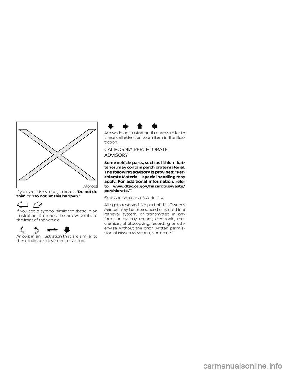 NISSAN LEAF 2018  Owner´s Manual If you see this symbol, it means“Do not do
this” or“Do not let this happen.”
If you see a symbol similar to these in an
illustration, it means the arrow points to
the front of the vehicle.
Arr