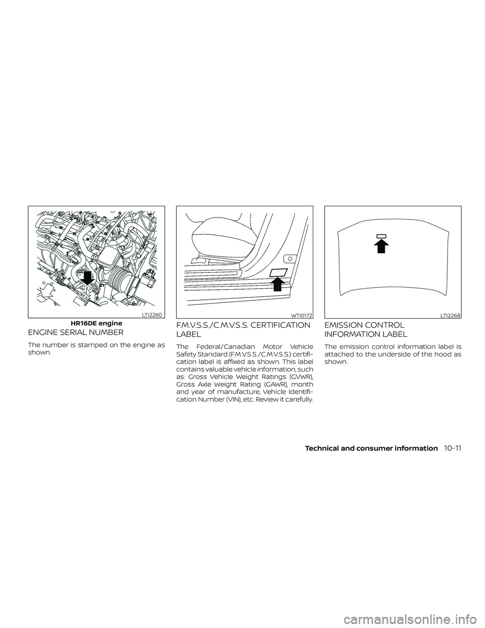 NISSAN LEAF 2018 Owner´s Manual ENGINE SERIAL NUMBER
The number is stamped on the engine as
shown.
F.M.V.S.S./C.M.V.S.S. CERTIFICATION
LABEL
The Federal/Canadian Motor Vehicle
Safety Standard (F.M.V.S.S./C.M.V.S.S.) certifi-
cation NISSAN LEAF 2018 Owner´s Manual ENGINE SERIAL NUMBER
The number is stamped on the engine as
shown.
F.M.V.S.S./C.M.V.S.S. CERTIFICATION
LABEL
The Federal/Canadian Motor Vehicle
Safety Standard (F.M.V.S.S./C.M.V.S.S.) certifi-
cation