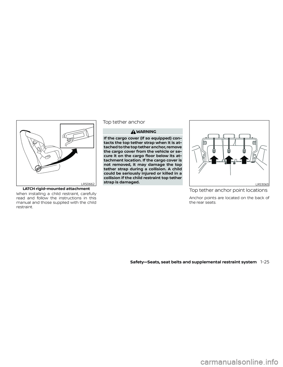 NISSAN LEAF 2018 Owner´s Manual When installing a child restraint, carefully
read and follow the instructions in this
manual and those supplied with the child
restraint.
Top tether anchor
WARNING
If the cargo cover (if so equipped) NISSAN LEAF 2018 Owner´s Manual When installing a child restraint, carefully
read and follow the instructions in this
manual and those supplied with the child
restraint.
Top tether anchor
WARNING
If the cargo cover (if so equipped)