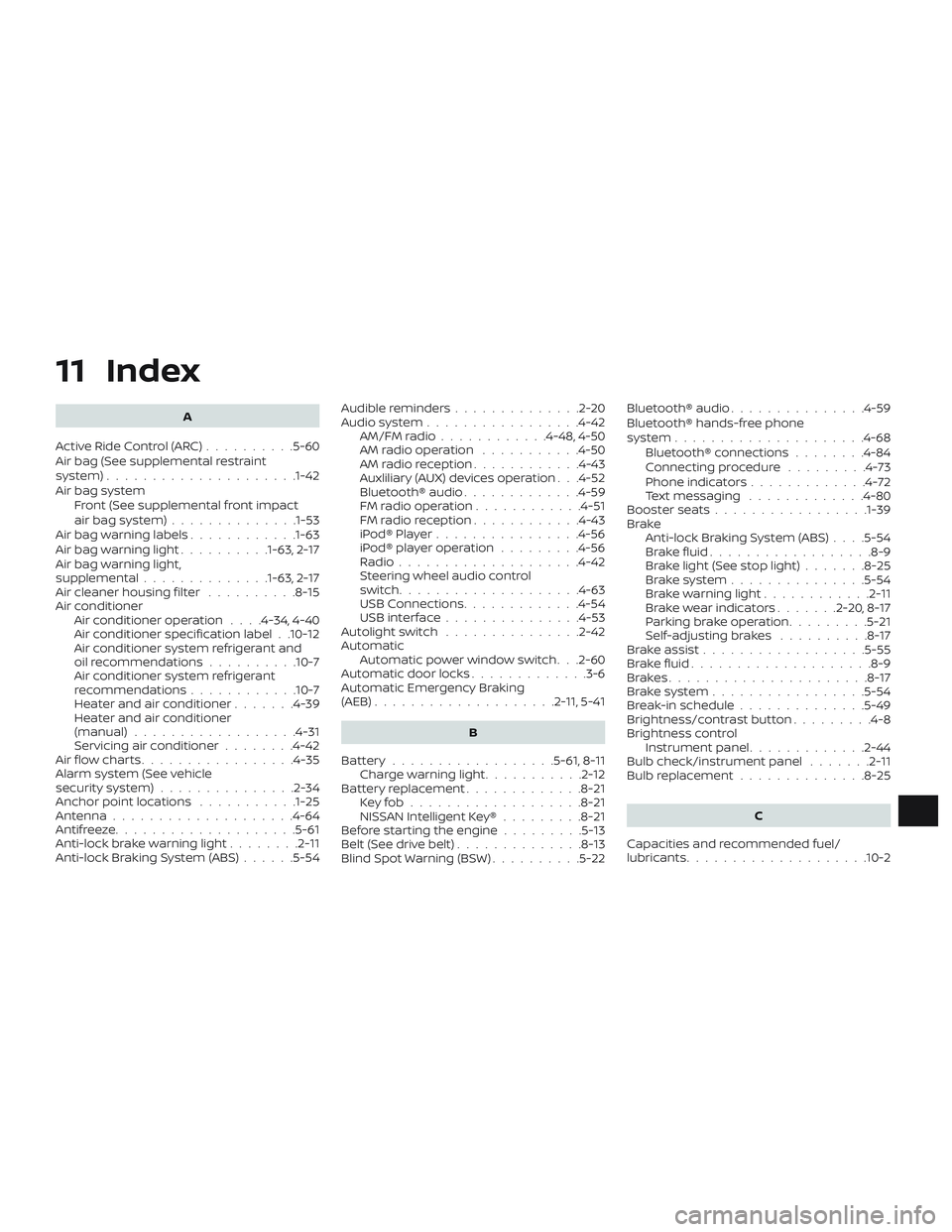 NISSAN LEAF 2018 Owner´s Manual 11 Index
A
ActiveRideControl(ARC)..........5-60
Air bag (See supplemental restraint
system) .................... .1-42
Air bag system Front (See supplemental front impact
airbagsystem)..............1- NISSAN LEAF 2018 Owner´s Manual 11 Index
A
ActiveRideControl(ARC)..........5-60
Air bag (See supplemental restraint
system) .................... .1-42
Air bag system Front (See supplemental front impact
airbagsystem)..............1-