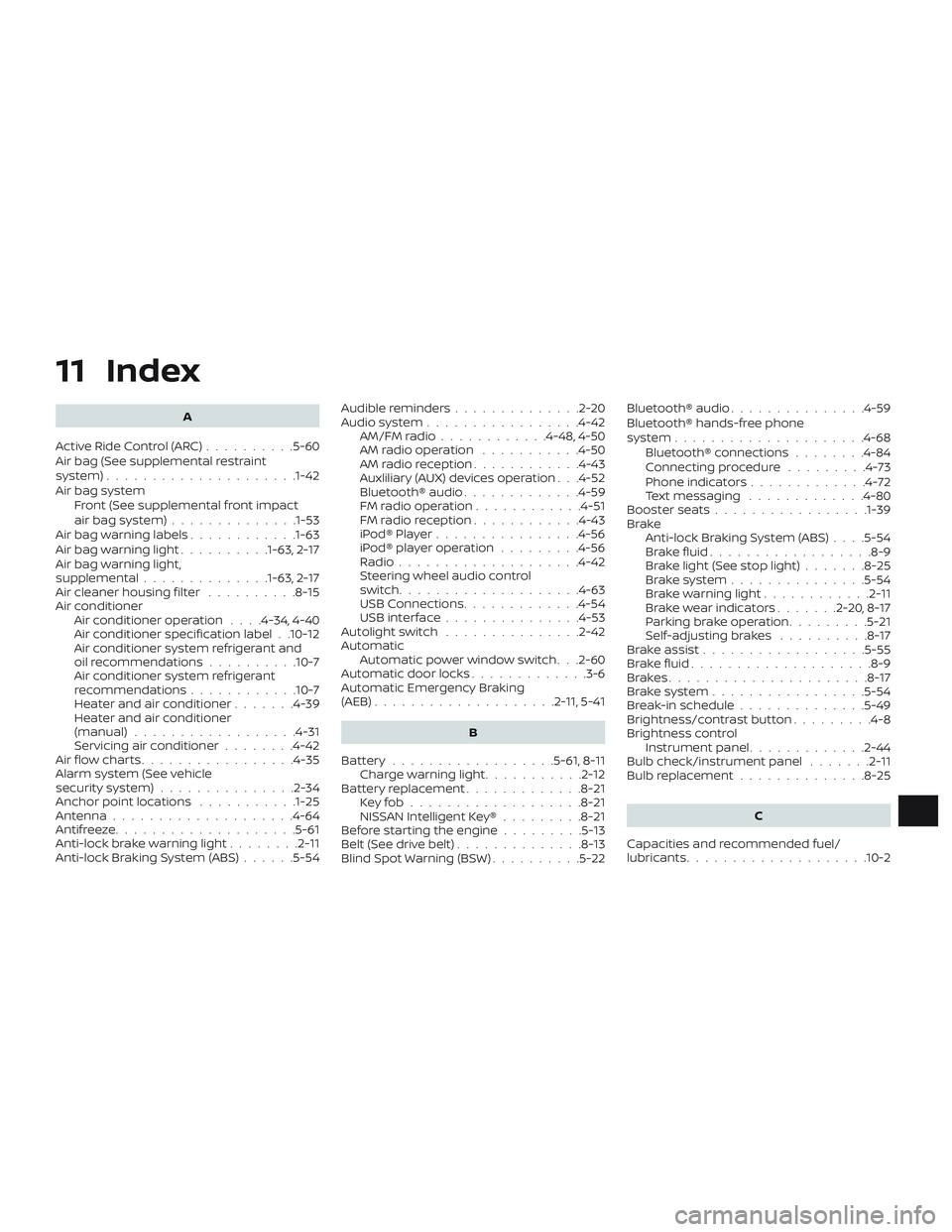 NISSAN LEAF 2018  Owner´s Manual 11 Index
A
ActiveRideControl(ARC)..........5-60
Air bag (See supplemental restraint
system) .................... .1-42
Air bag system Front (See supplemental front impact
airbagsystem)..............1-