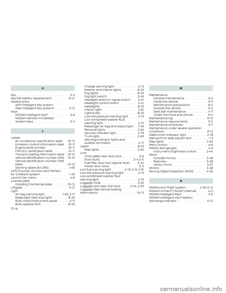 NISSAN LEAF 2018 Owner´s Manual K
Key.........................3-2
Key fob battery replacement ........8-21
Keyless entry With Intelligent Key system
(See Intelligent Key system) .......3-12
Keys NISSAN Intelligent Key® ..........3- NISSAN LEAF 2018 Owner´s Manual K
Key.........................3-2
Key fob battery replacement ........8-21
Keyless entry With Intelligent Key system
(See Intelligent Key system) .......3-12
Keys NISSAN Intelligent Key® ..........3-