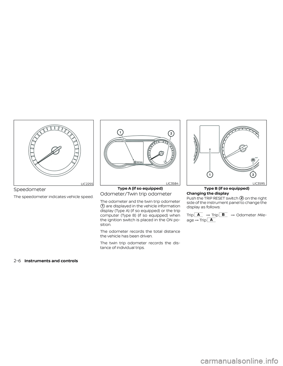 NISSAN LEAF 2018  Owner´s Manual Speedometer
The speedometer indicates vehicle speed.Odometer/Twin trip odometer
The odometer and the twin trip odometer
1are displayed in the vehicle information
display (Type A) (if so equipped) or 