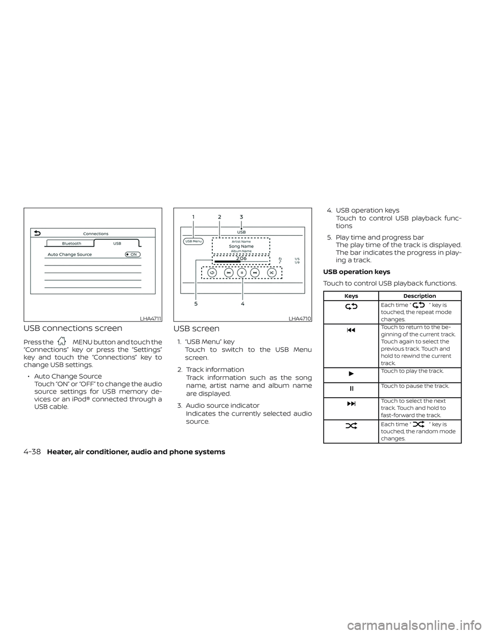 NISSAN MICRA 2019  Owner´s Manual USB connections screen
Press theMENU button and touch the
“Connections” key or press the “Settings”
key and touch the “Connections” key to
change USB settings.
∙ Auto Change Source Touch