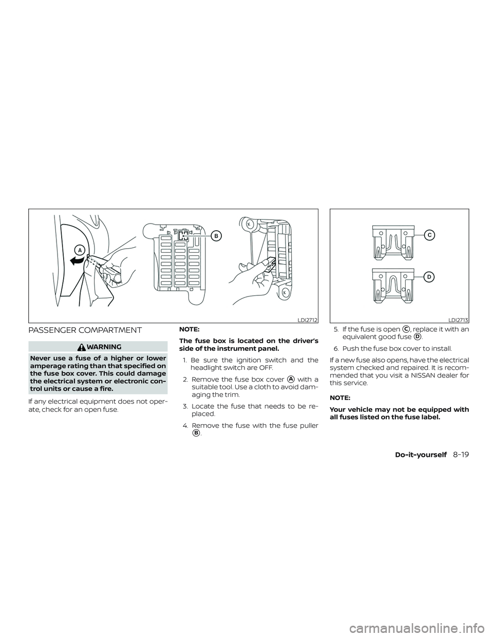 NISSAN MICRA 2019  Owner´s Manual PASSENGER COMPARTMENT
WARNING
Never use a fuse of a higher or lower
amperage rating than that specified on
the fuse box cover. This could damage
the electrical system or electronic con-
trol units or 