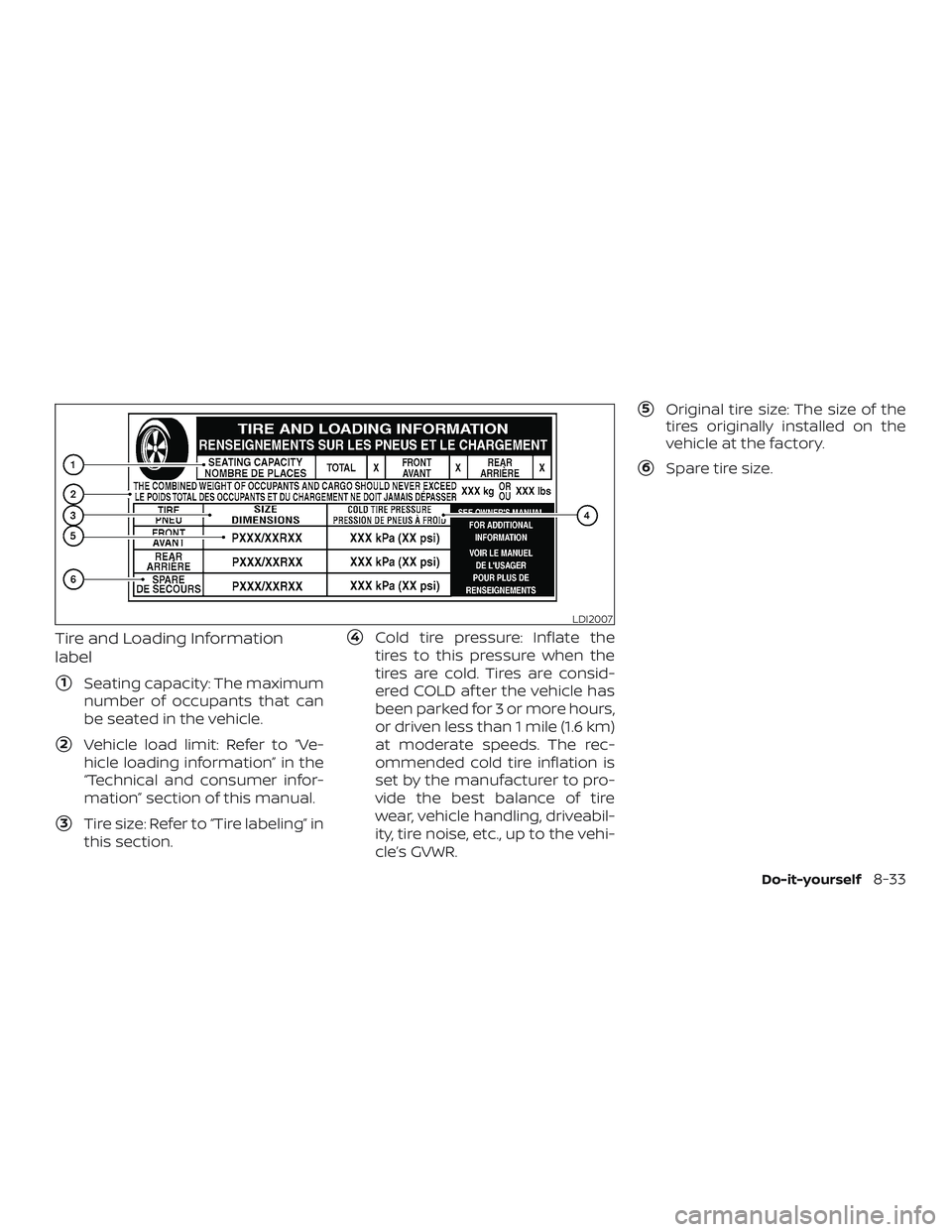 NISSAN MICRA 2019  Owner´s Manual Tire and Loading Information
label
1Seating capacity: The maximum
number of occupants that can
be seated in the vehicle.
2Vehicle load limit: Refer to “Ve-
hicle loading information” in the
“T