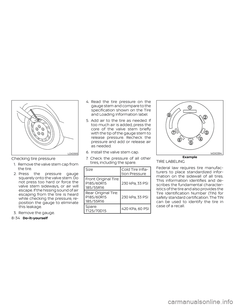 NISSAN MICRA 2019  Owner´s Manual Checking tire pressure
1. Remove the valve stem cap fromthe tire.
2. Press the pressure gauge squarely onto the valve stem. Do
not press too hard or force the
valve stem sideways, or air will
escape. 