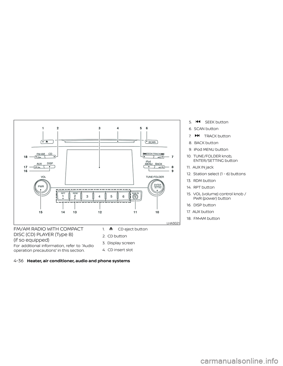 NISSAN MICRA 2018  Owner´s Manual FM/AM RADIO WITH COMPACT
DISC (CD) PLAYER (Type B)
(if so equipped)
For additional information, refer to “Audio
operation precautions” in this section.1.
CD eject button
2. CD button
3. Display sc