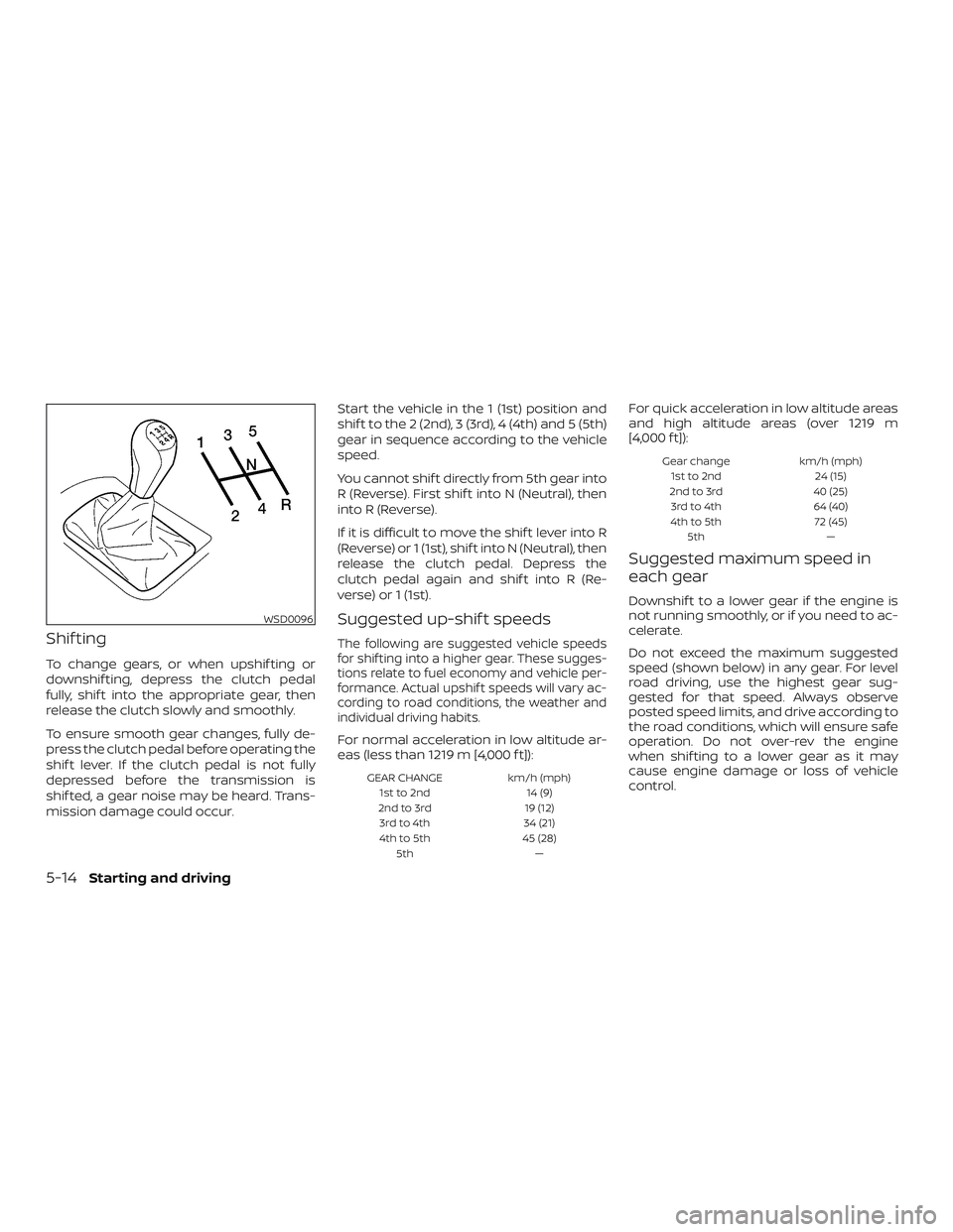 NISSAN MICRA 2018  Owner´s Manual Shif ting
To change gears, or when upshif ting or
downshif ting, depress the clutch pedal
fully, shif t into the appropriate gear, then
release the clutch slowly and smoothly.
To ensure smooth gear ch