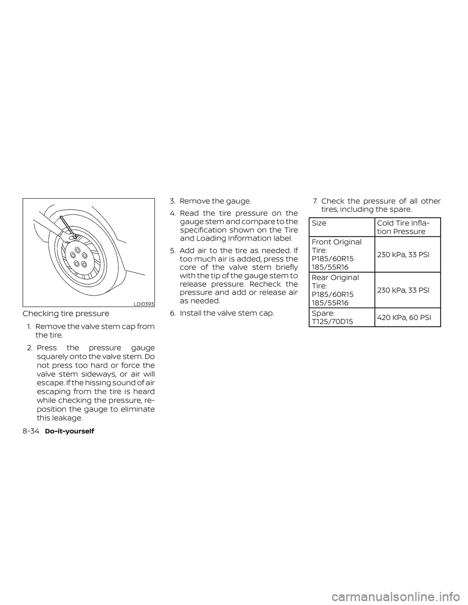 NISSAN MICRA 2018  Owner´s Manual Checking tire pressure
1. Remove the valve stem cap fromthe tire.
2. Press the pressure gauge squarely onto the valve stem. Do
not press too hard or force the
valve stem sideways, or air will
escape. 