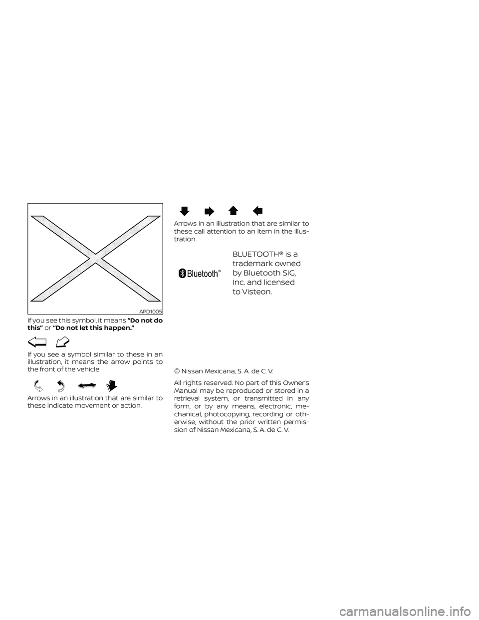 NISSAN MICRA 2018  Owner´s Manual If you see this symbol, it means“Do not do
this” or“Do not let this happen.”
If you see a symbol similar to these in an
illustration, it means the arrow points to
the front of the vehicle.
Arr