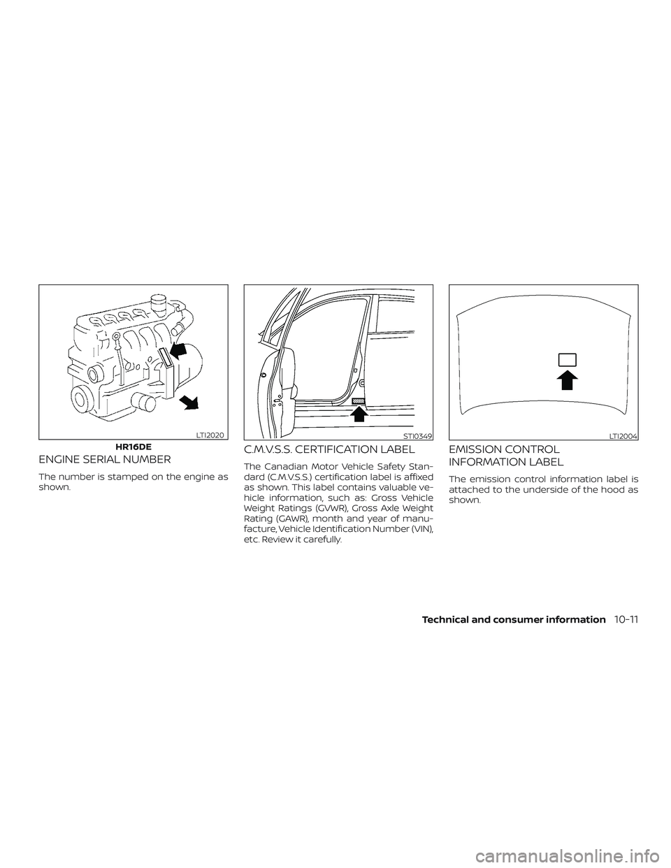 NISSAN MICRA 2018 Owner´s Manual ENGINE SERIAL NUMBER
The number is stamped on the engine as
shown.
C.M.V.S.S. CERTIFICATION LABEL
The Canadian Motor Vehicle Safety Stan-
dard (C.M.V.S.S.) certification label is affixed
as shown. Thi NISSAN MICRA 2018 Owner´s Manual ENGINE SERIAL NUMBER
The number is stamped on the engine as
shown.
C.M.V.S.S. CERTIFICATION LABEL
The Canadian Motor Vehicle Safety Stan-
dard (C.M.V.S.S.) certification label is affixed
as shown. Thi