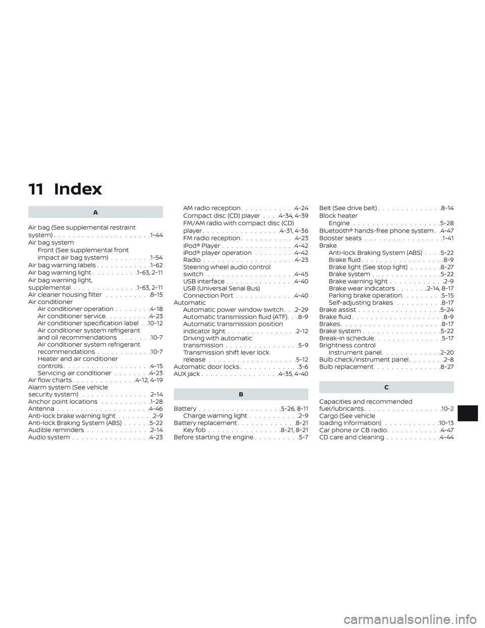 NISSAN MICRA 2018 Owner´s Manual 11 Index
A
Air bag (See supplemental restraint
system) .................... .1-44
Air bag system Front (See supplemental front
impact air bag system) .........1-54
Air bag warning labels ............1 NISSAN MICRA 2018 Owner´s Manual 11 Index
A
Air bag (See supplemental restraint
system) .................... .1-44
Air bag system Front (See supplemental front
impact air bag system) .........1-54
Air bag warning labels ............1