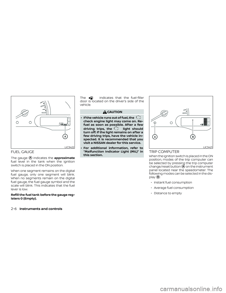 NISSAN MICRA 2018  Owner´s Manual FUEL GAUGE
The gaugeAindicates theapproximate
fuel level in the tank when the ignition
switch is placed in the ON position.
When one segment remains on the digital
fuel gauge, only one segment will b