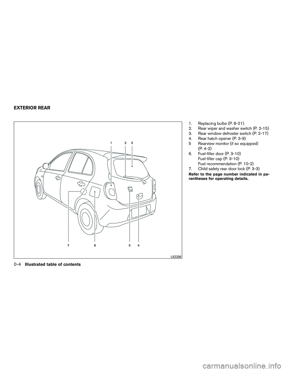 NISSAN MICRA 2017 Owner´s Manual 1. Replacing bulbs (P. 8-21)
2. Rear wiper and washer switch (P. 2-15)
3. Rear window defroster switch (P. 2-17)
4. Rear hatch opener (P. 3-9)
5 Rearview monitor (if so equipped)(P. 4-2)
6. Fuel-fille NISSAN MICRA 2017 Owner´s Manual 1. Replacing bulbs (P. 8-21)
2. Rear wiper and washer switch (P. 2-15)
3. Rear window defroster switch (P. 2-17)
4. Rear hatch opener (P. 3-9)
5 Rearview monitor (if so equipped)(P. 4-2)
6. Fuel-fille