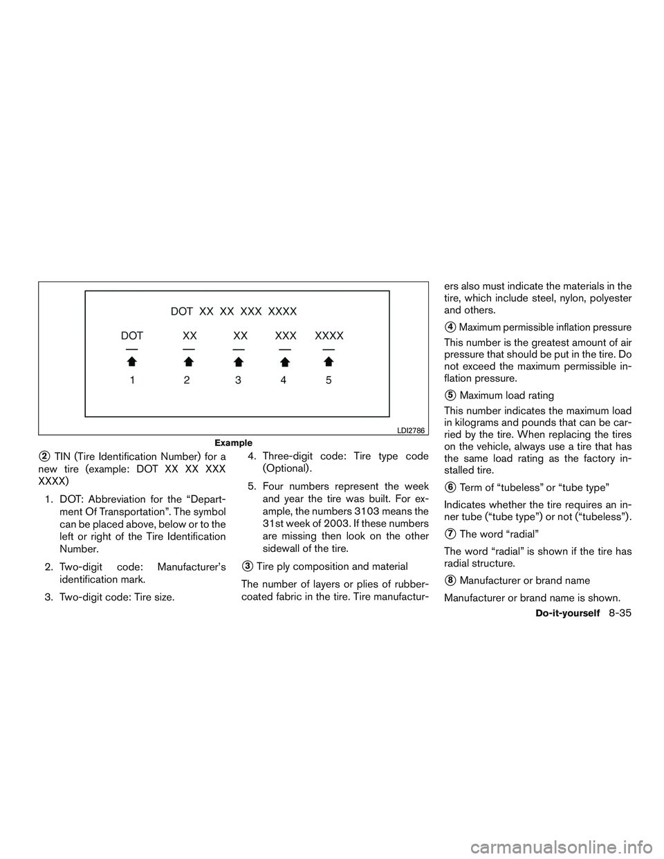 NISSAN MICRA 2017  Owner´s Manual 2TIN (Tire Identification Number) for a
new tire (example: DOT XX XX XXX
XXXX)
1. DOT: Abbreviation for the “Depart- ment Of Transportation”. The symbol
can be placed above, below or to the
left 