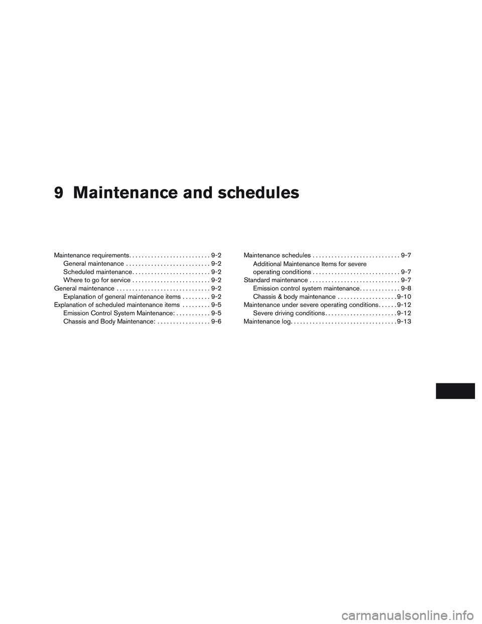 NISSAN MICRA 2017 Owner´s Manual 9 Maintenance and schedules
Maintenance requirements..........................9-2
General maintenance ...........................9-2
Scheduled maintenance .........................9-2
Where to go for NISSAN MICRA 2017 Owner´s Manual 9 Maintenance and schedules
Maintenance requirements..........................9-2
General maintenance ...........................9-2
Scheduled maintenance .........................9-2
Where to go for