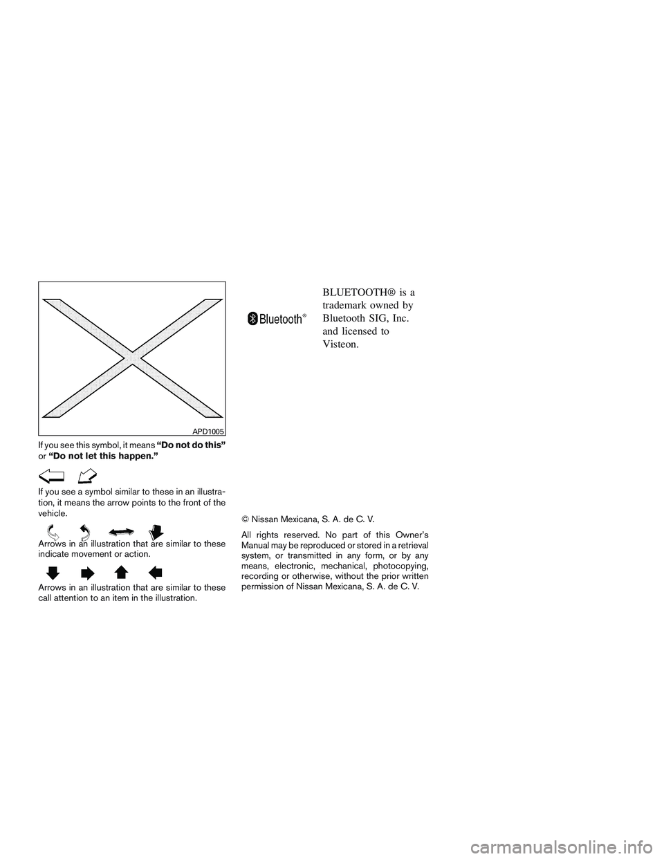 NISSAN MICRA 2017  Owner´s Manual If you see this symbol, it means“Do not do this”
or “Do not let this happen.”
If you see a symbol similar to these in an illustra-
tion, it means the arrow points to the front of the
vehicle.
