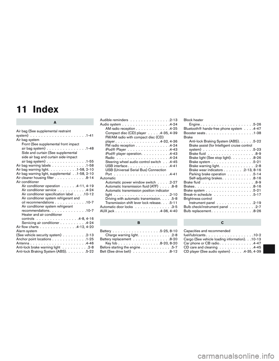 NISSAN MICRA 2017  Owner´s Manual 11 Index
A
Air bag (See supplemental restraint
system) .....................1-41
Air bag system Front (See supplemental front impact
air bag system) ...............1-48
Side and curtain (See supplemen