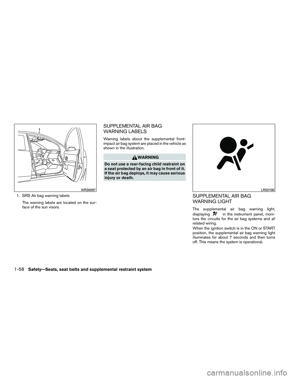 NISSAN MICRA 2017 Owner´s Manual 1. SRS Air bag warning labelsThe warning labels are located on the sur-
face of the sun visors.
SUPPLEMENTAL AIR BAG
WARNING LABELS
Warning labels about the supplemental front-
impact air bag system a NISSAN MICRA 2017 Owner´s Manual 1. SRS Air bag warning labelsThe warning labels are located on the sur-
face of the sun visors.
SUPPLEMENTAL AIR BAG
WARNING LABELS
Warning labels about the supplemental front-
impact air bag system a